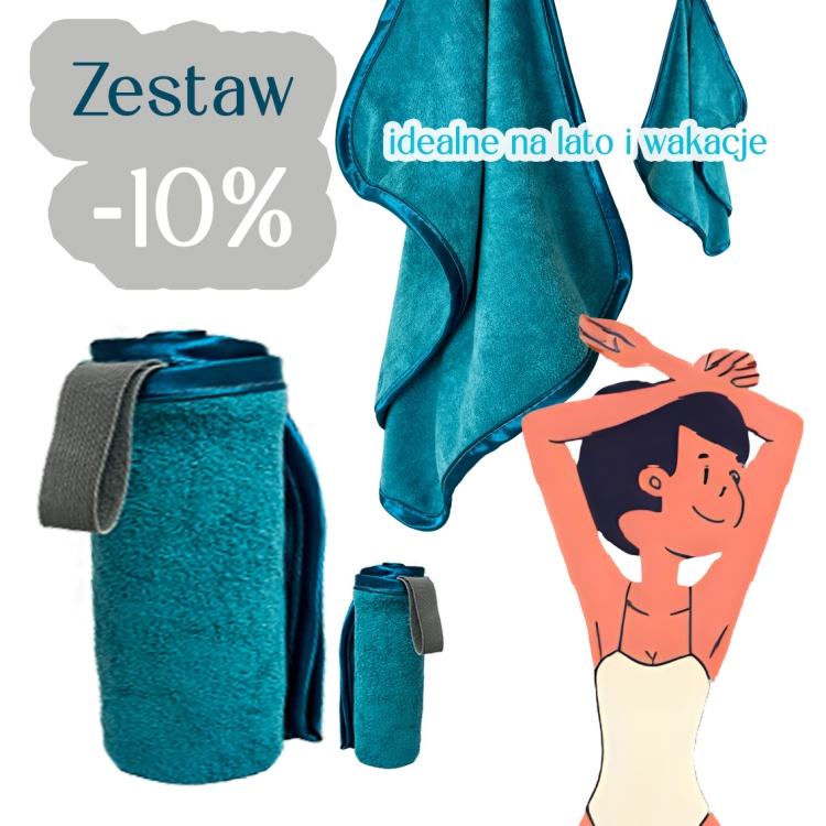 Zestaw 2 Ręczników Superchłonnych- Mega plażowy + mały- Turkus